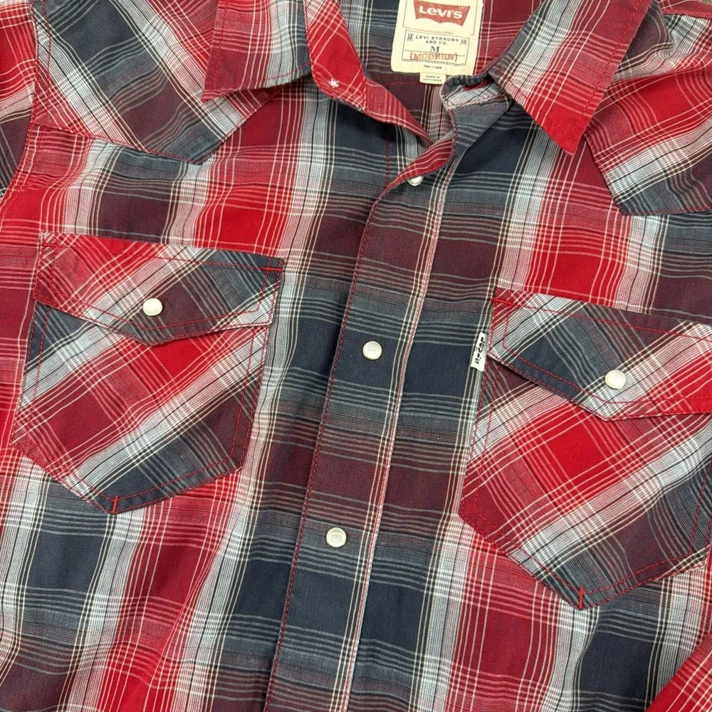 Levis Red Plaid Long Sleeve Pearl Snap Western Button Shirt Mens Medium